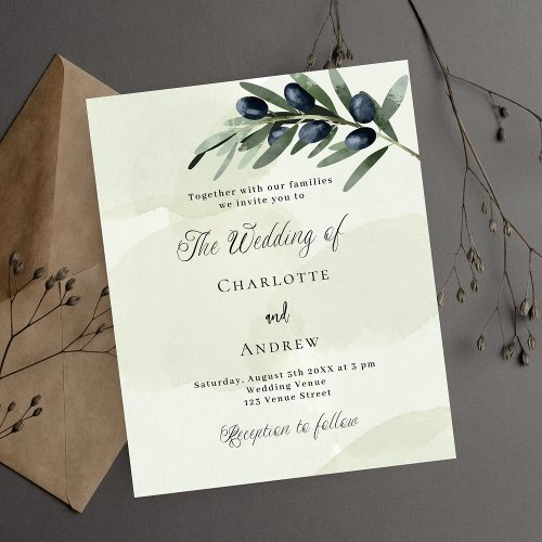 Olive leaf greenery budget wedding invitation flyer