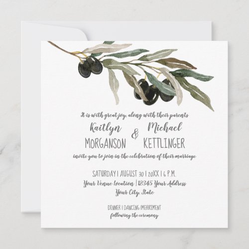 Olive Leaf Leaves Branch Watercolor Summer Wedding Invitation