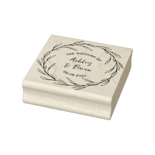 Olive Leaf Wreath Round Personalized Wedding Rubber Stamp