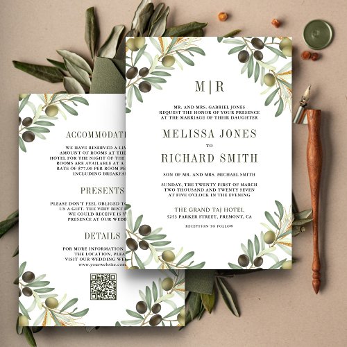 Olive Leaves All in One QR Code Formal Wedding Invitation