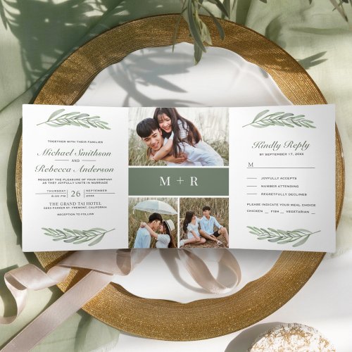 Olive Leaves Branch Photo Collage 3 in 1 Wedding Tri_Fold Invitation