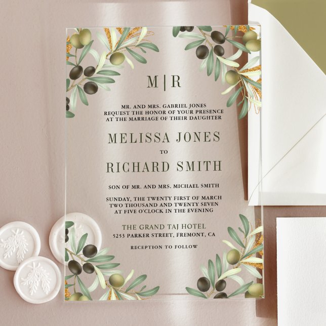 Olive Leaves Formal Wedding Acrylic Invitations (Creator Uploaded)