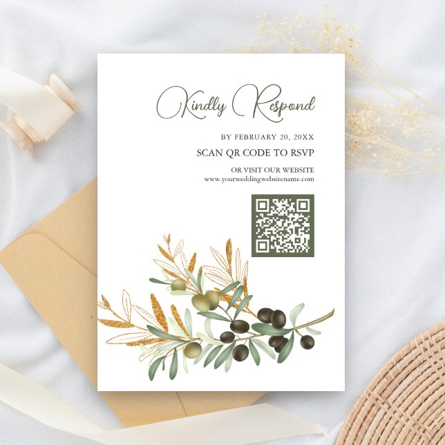 Olive Leaves Gold Branch QR Code RSVP Wedding Enclosure Card (Creator Uploaded)