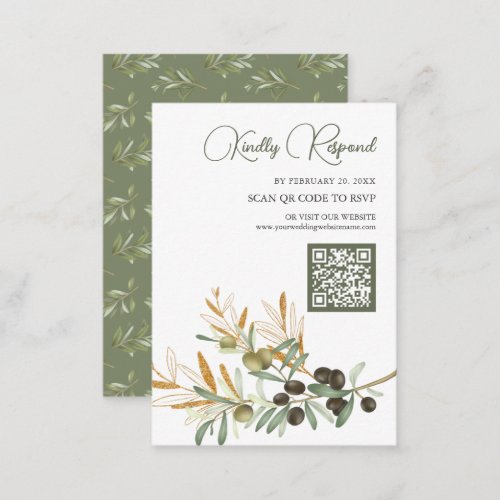 Olive Leaves Gold Branch QR Code RSVP Wedding Enclosure Card