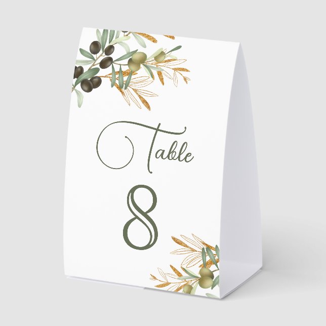 Olive Leaves Gold Branch Wedding Table Number Paper Table Tent (Front)