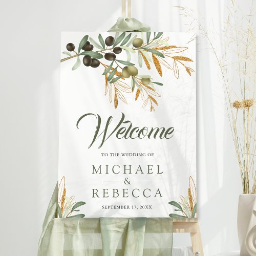 Olive Leaves Gold Branch Wedding Welcome Foam Board