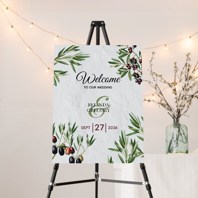 Olive Leaves Greek Island Wedding Welcome Sign (In Situ (Stand))