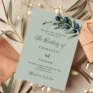 Olive leaves greenery simple script luxury wedding invitation