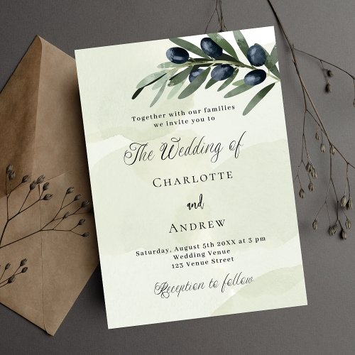 Olive leaves greenery watercolor script wedding invitation postcard