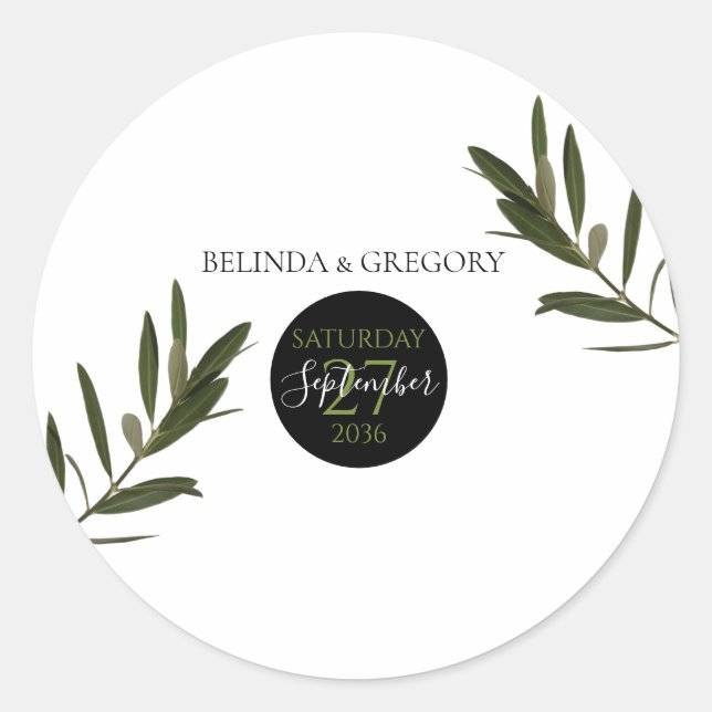 Olive Leaves Greenery Wedding  Classic Round Sticker (Front)