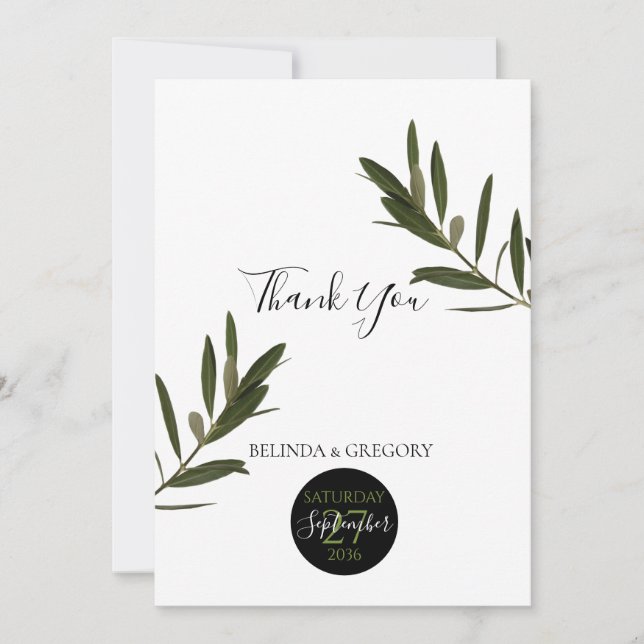Olive Leaves Greenery Wedding Thank You Card (Front)