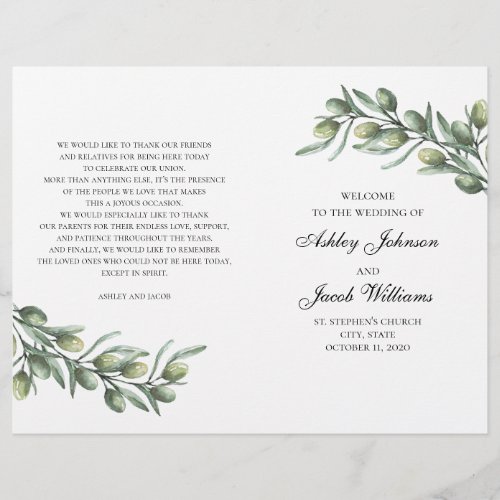 Olive leaves Italian wedding program folded