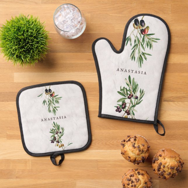 Olive Leaves Mediterranean Greek Island  Oven Mitt & Pot Holder Set (Top Down)