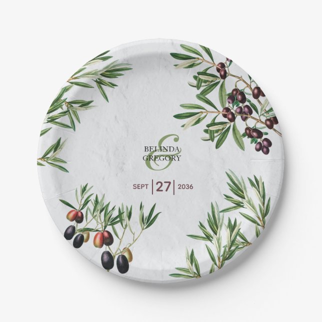 Olive Leaves Mediterranean Greek Island Wedding  Paper Plates (Front)