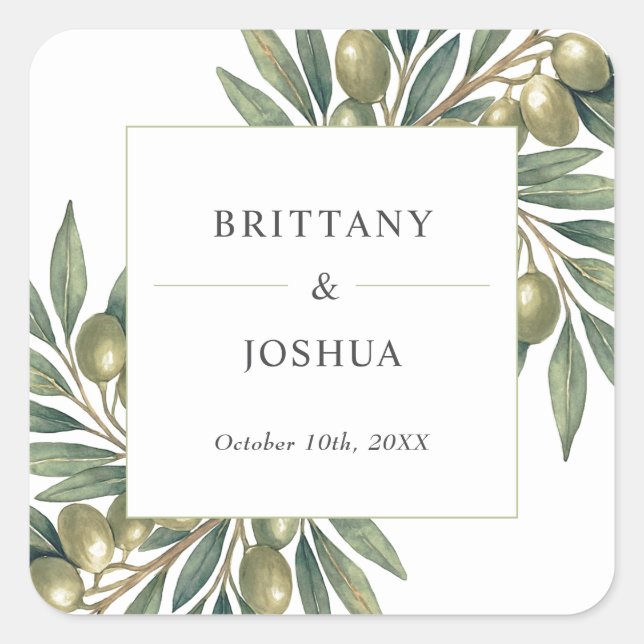 Olive Leaves Mediterranean Rustic Wedding  Square Sticker (Front)