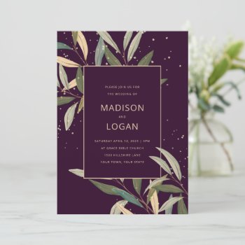 Olive Leaves Modern Botanical Plum Wedding Invitation by ModernMatrimony at Zazzle