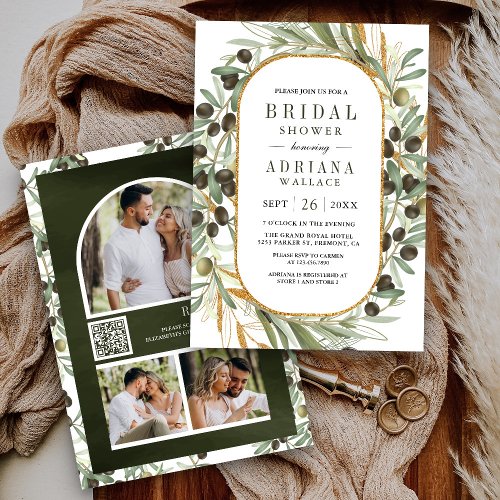 Olive Leaves Photo Collage QR Code Bridal Shower Invitation