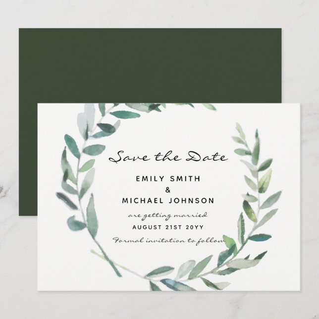 Olive Leaves Save The Date Card Modern (Front/Back)