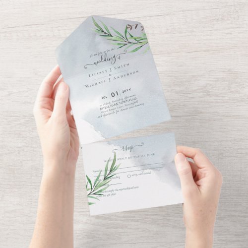 Olive Leaves Wedding Dusty Blue Lemon All In One Invitation