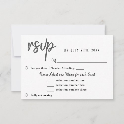 Olive Leaves Wedding Menu Choice RSVP - A personalizable and modern olive leaves RSVP card with a menu choice for a wedding. It`s perfect for a modern wedding. The design features abstract olive leaves in green colour on a white background. This wedding response card asks your guests what meal they would like at your reception. You can change all information on the back side of the card.