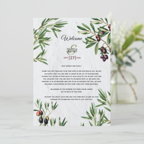 Olive Leaves Wedding Welcome Itinerary Program
