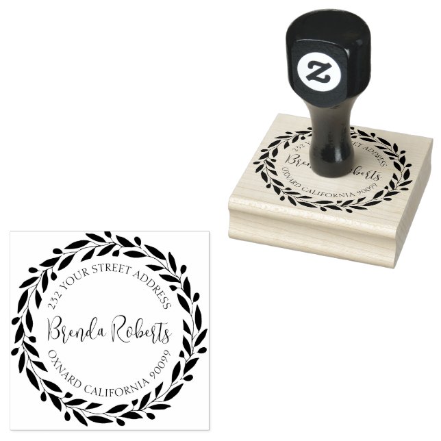 Olive Leaves Wreath Custom Modern Typography Rubber Stamp (Stamped)