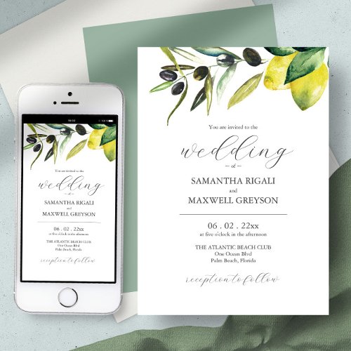 Olive Lemon Wedding Elegant Watercolor Botanical  Invitation