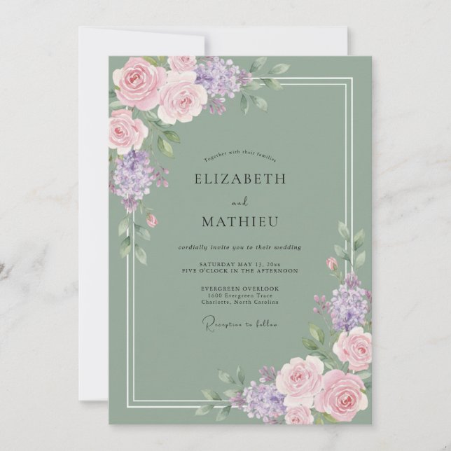 Olive Lilac Rose Wedding Invitation (Front)