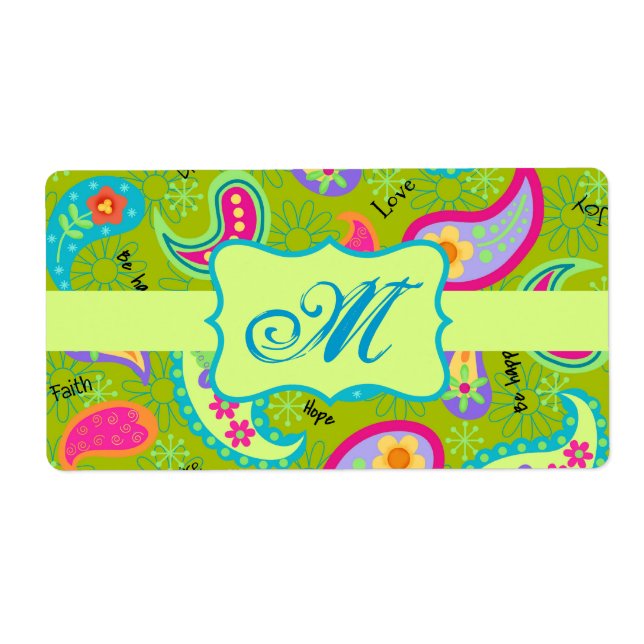 Olive Lime Green Modern Paisley Pattern Monogram Label (Front)
