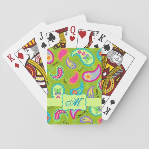 Olive Lime Green Modern Paisley Pattern Monogram Playing Cards