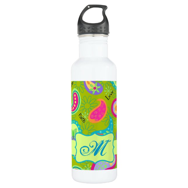 Olive Lime Green Modern Paisley Pattern Monogram Water Bottle (Front)