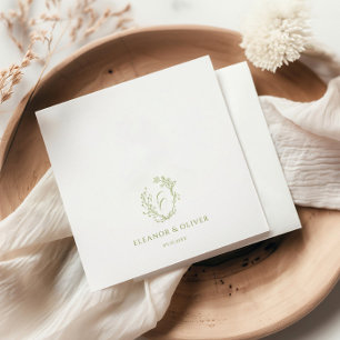Olive Line Art Floral Crest Wedding  Napkins