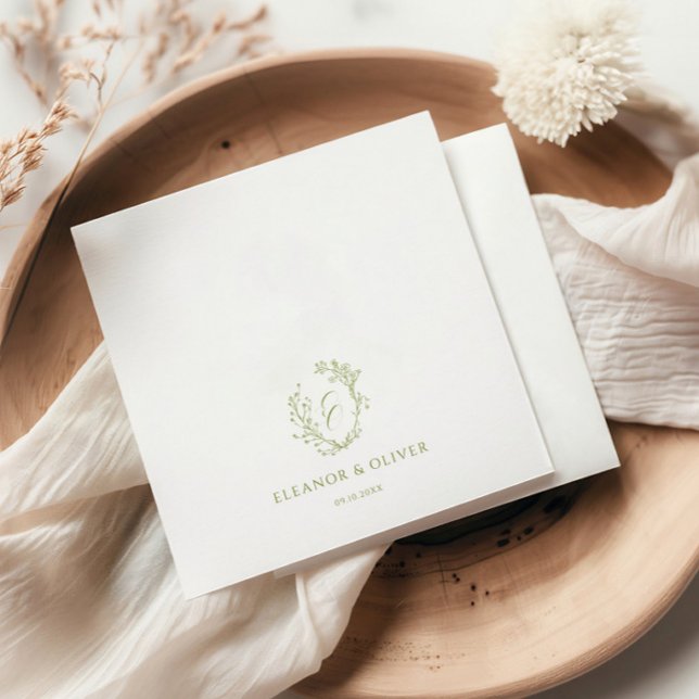 Olive Line Art Floral Crest Wedding  Napkins (Creator Uploaded)