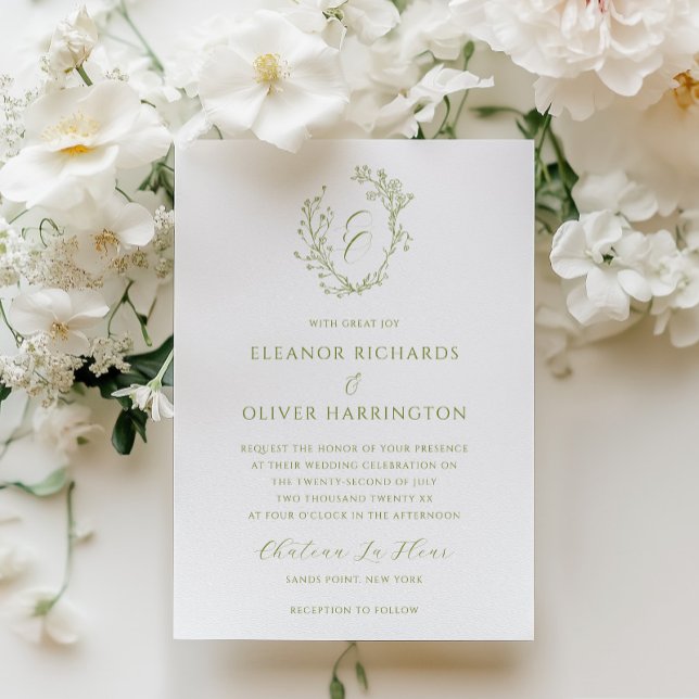 Olive Line Art Floral Monogram Crest Wedding Invitation (Creator Uploaded)