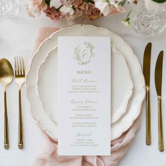 Olive Line Art Floral Monogram Crest Wedding Menu (Creator Uploaded)