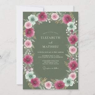 Olive Magenta Watercolor Floral Wedding Invitation