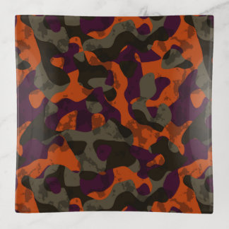 Olive, Maroon and Fire orange camo abstract Trinket Tray