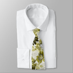 Olive, marsh flowers on a light gray neck tie