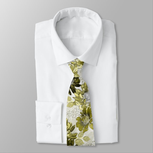 Olive, marsh flowers on a light gray  neck tie (Tied)