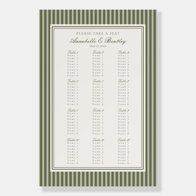 Olive Martini Green Striped Wedding Seating Chart Foam Board (Front)
