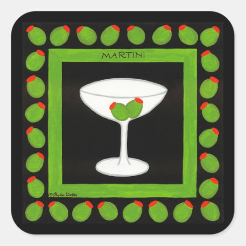 Olive Martini Retro Drink Art Green and Black Square Sticker