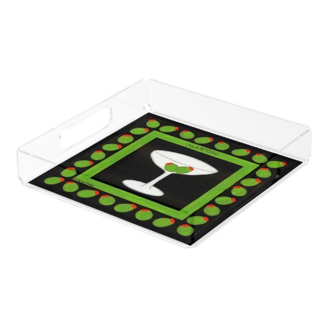 Olive Martini Retro Drink Green Black Custom Acrylic Tray (Angled)