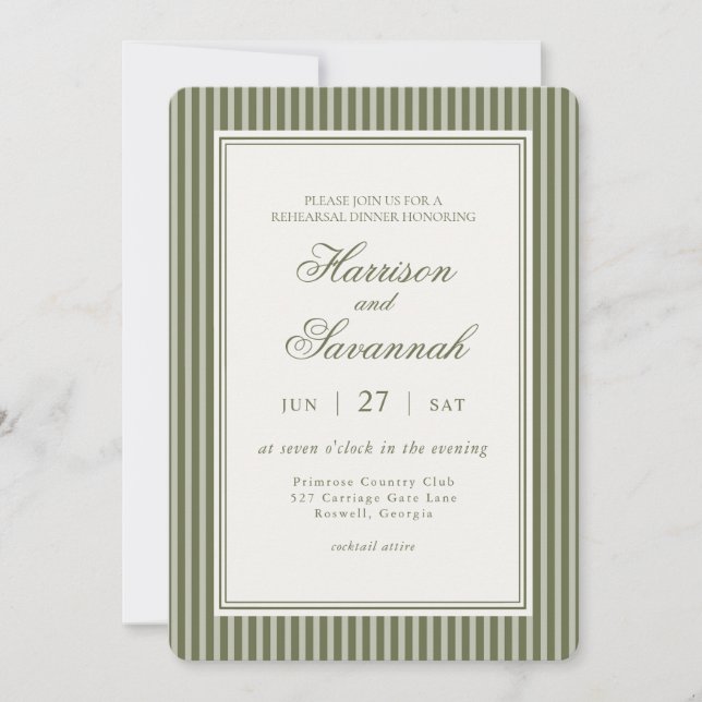 Olive Martini Striped Old Money Rehearsal Dinner Invitation (Front)