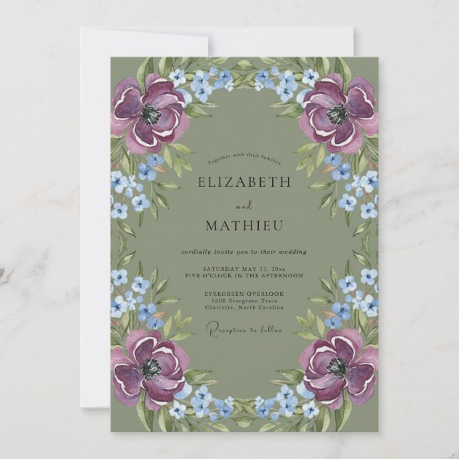 Olive Mauve Azure Wreath Wedding Invitation (Front)