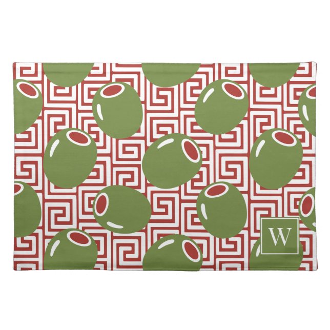 Olive Mediterranean Greek Key  Cloth Placemat (Front)