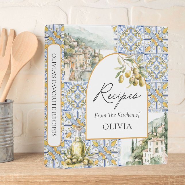 Olive Mediterranean Tile Pattern Recipe Cookbook Mini Binder (In situ)