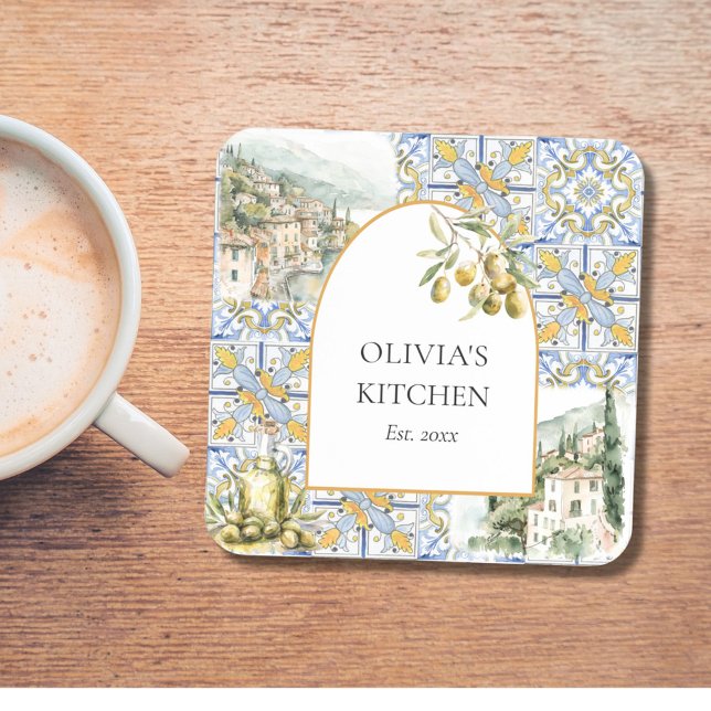 Olive Mediterranean Yellow Blue Tile Pattern Beverage Coaster (In situ)