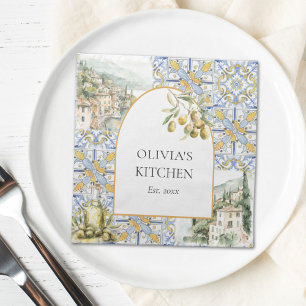 Olive Mediterranean Yellow Blue Tile Pattern Cloth Napkin