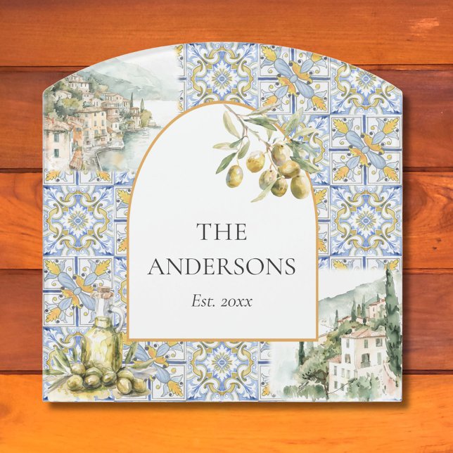 Olive Mediterranean Yellow Blue Tile Pattern Door Sign (In situ)