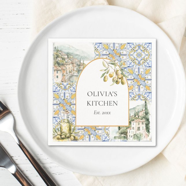 Olive Mediterranean Yellow Blue Tile Pattern Napkins (In situ)